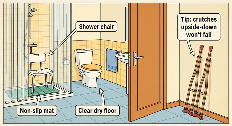 Bathroom safety setup for Achilles rupture recovery - shower chair, non-slip mat, crutches stored upside-down