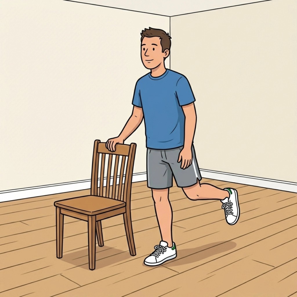 Person standing on one leg holding a chair for support in a simple home balance exercise, representing early single-leg stance during Achilles rehabilitation.