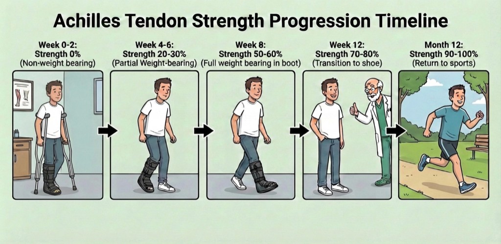 Timeline infographic Achilles tendon strength progression: weeks 0–2 non‑weightbearing in boot; weeks 4–6 partial WB; week 8 full WB still in boot at ~50–60%; week 12 transition to shoe ~70–80%; month ~12 sport ~90–100%