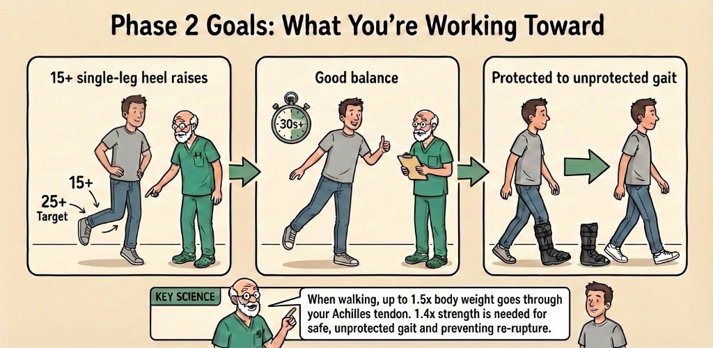 Phase 2 goals infographic with patient and physiotherapist: repeated single-leg heel raises 15 plus toward 25 plus target good balance 30 seconds plus and transition from boot to trainers key science callout notes walking load through Achilles