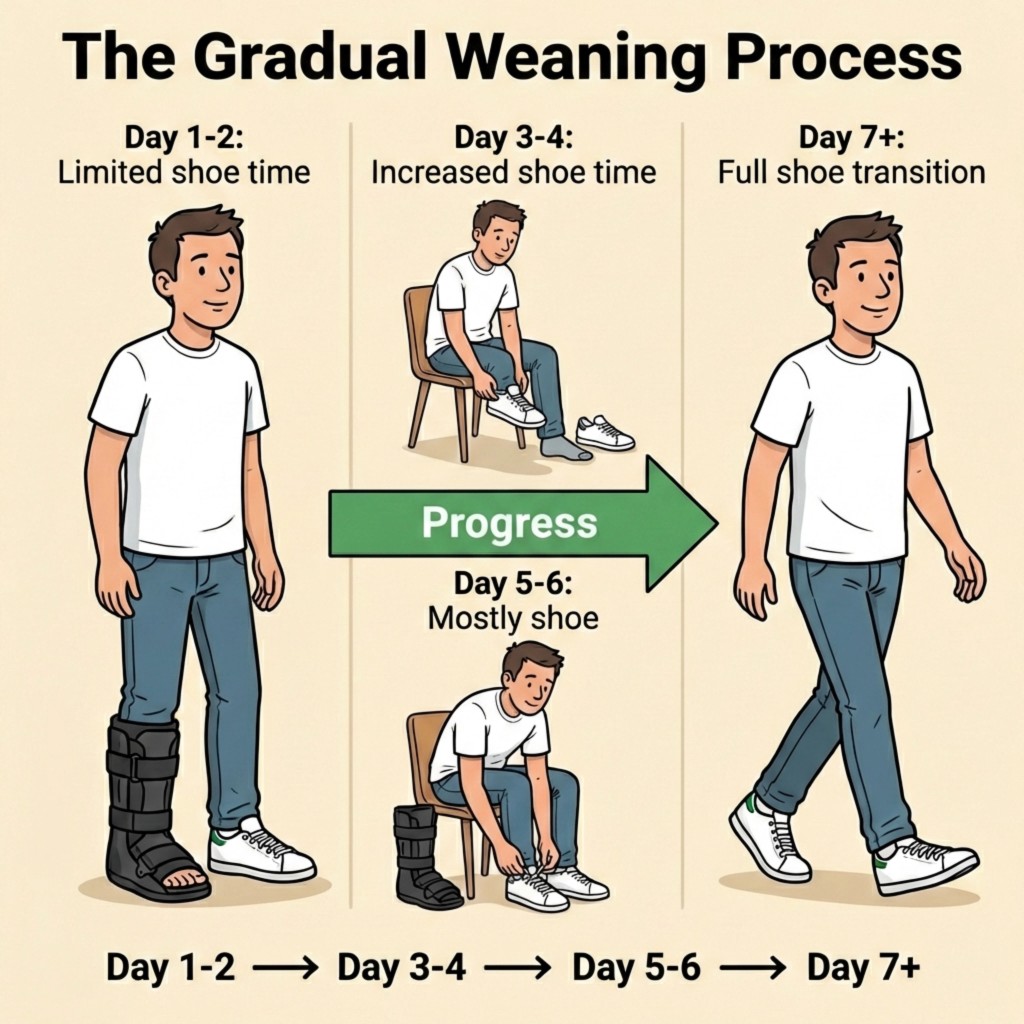 Gradual weaning process infographic showing day-by-day transition from boot to shoes: limited shoe time days 1-2, increased time days 3-4, mostly shoes days 5-6, and full transition from day 7 onward.