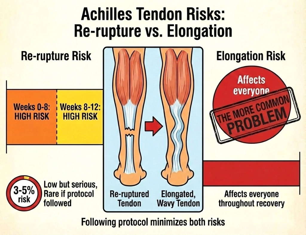 Infographic comparing Achilles re-rupture (broken tendon, 3–5% risk, high concern weeks 0–12) with elongated wavy tendon labelled the more common problem affecting recovery; bottom text says following protocol minimizes both risks.