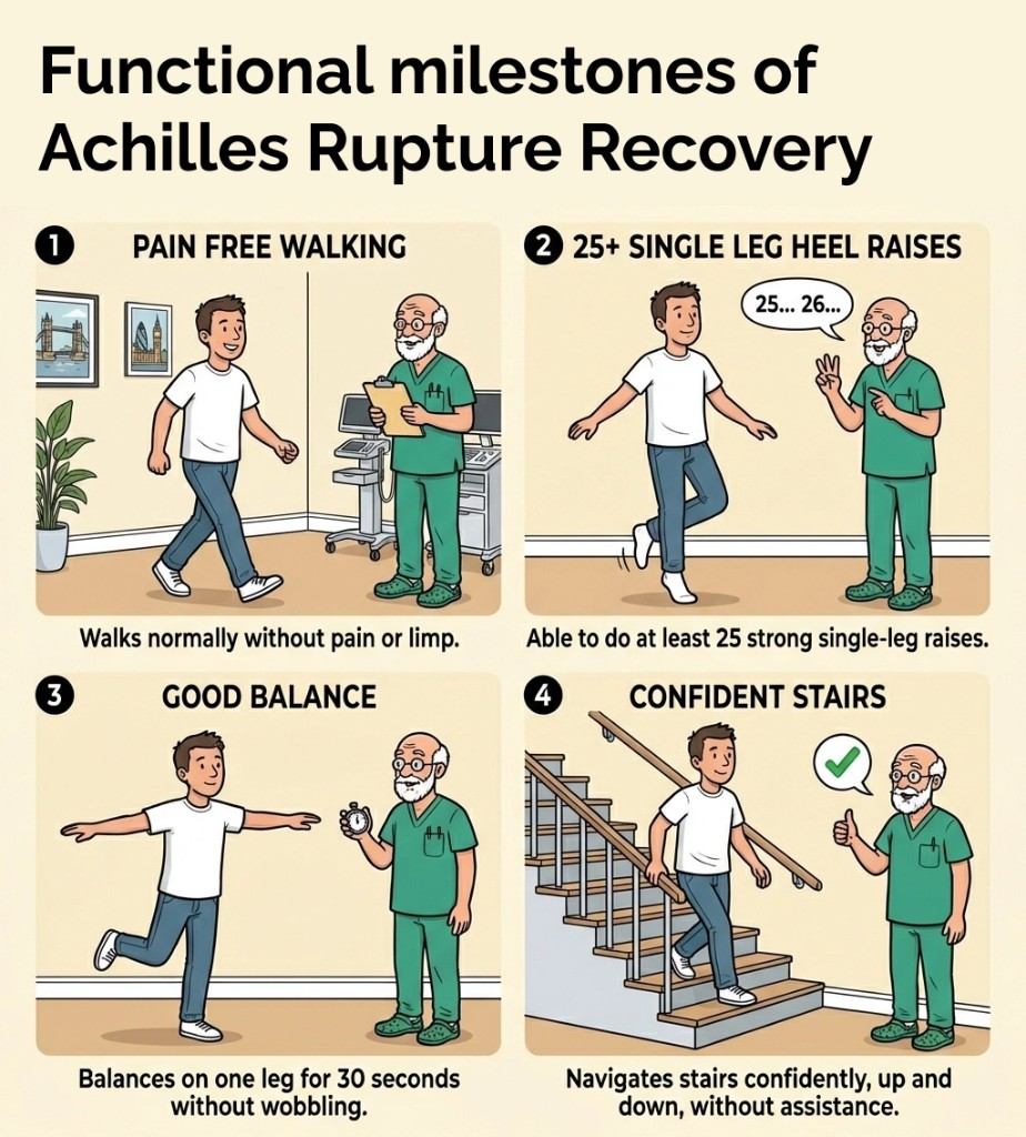 Infographic showing four functional milestones of Achilles rupture recovery: pain-free walking, 25 single-leg heel raises, good balance, and confident stairs.