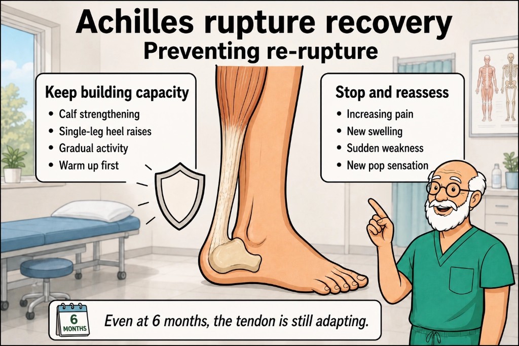 Illustration explaining Achilles rupture recovery and re-rupture prevention, with advice to keep building calf capacity and stop for warning signs such as pain, swelling, weakness, or a new pop.