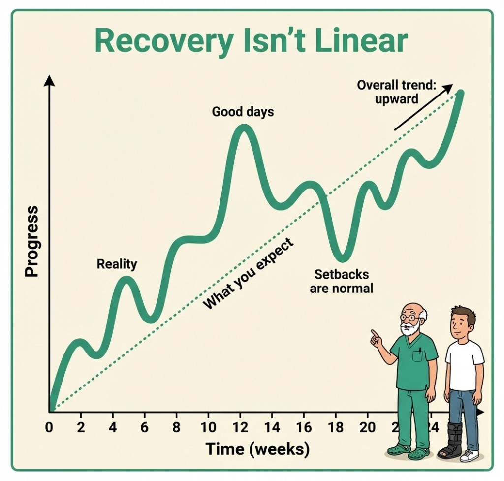 Graph titled Recovery Isn't Linear showing expected steady progress versus real Achilles recovery with good days, setbacks, and an overall upward trend over 24 weeks.