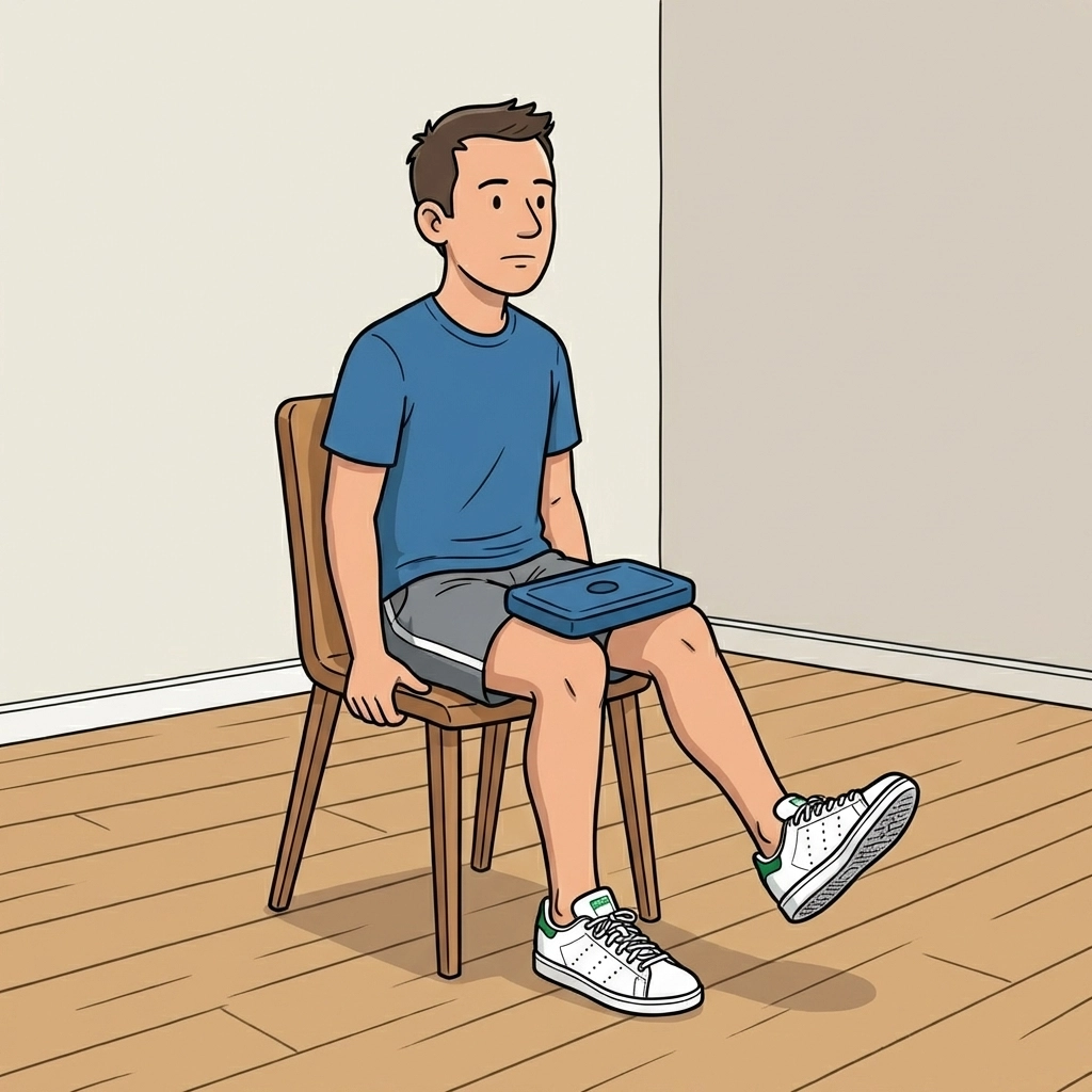 Person seated on a chair doing a weighted seated calf raise with one foot planted and a weight pad on the knee, illustrating early Stage 2 Achilles strengthening.