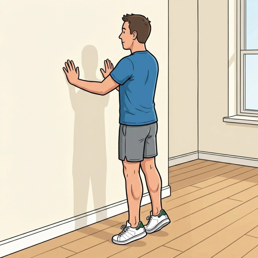 Two-panel illustration of Achilles rehabilitation standing calf raises: double-leg floor raises with wall support and single-leg floor raises with wall support, showing a step-by-step progression.