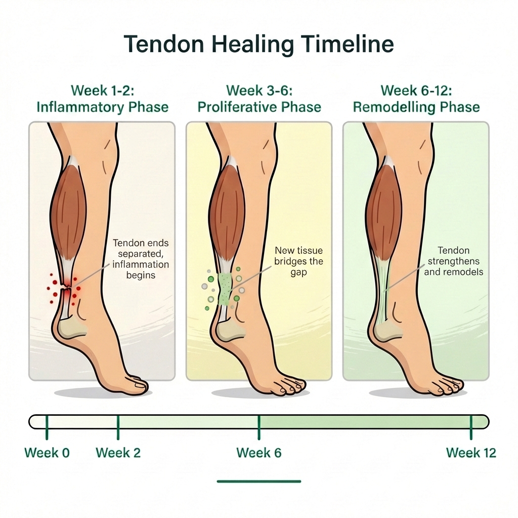 Illustration of Achilles tendon healing phases from early protection through remodelling