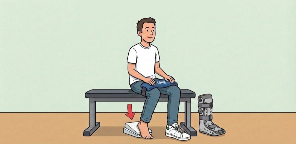 Illustration of a man on a bench performing a seated calf raise: forefoot on a slant wedge in plantarflexion, a 15 kg weight on the thighs, walking boot set aside; arrow shows load driving through the calf.