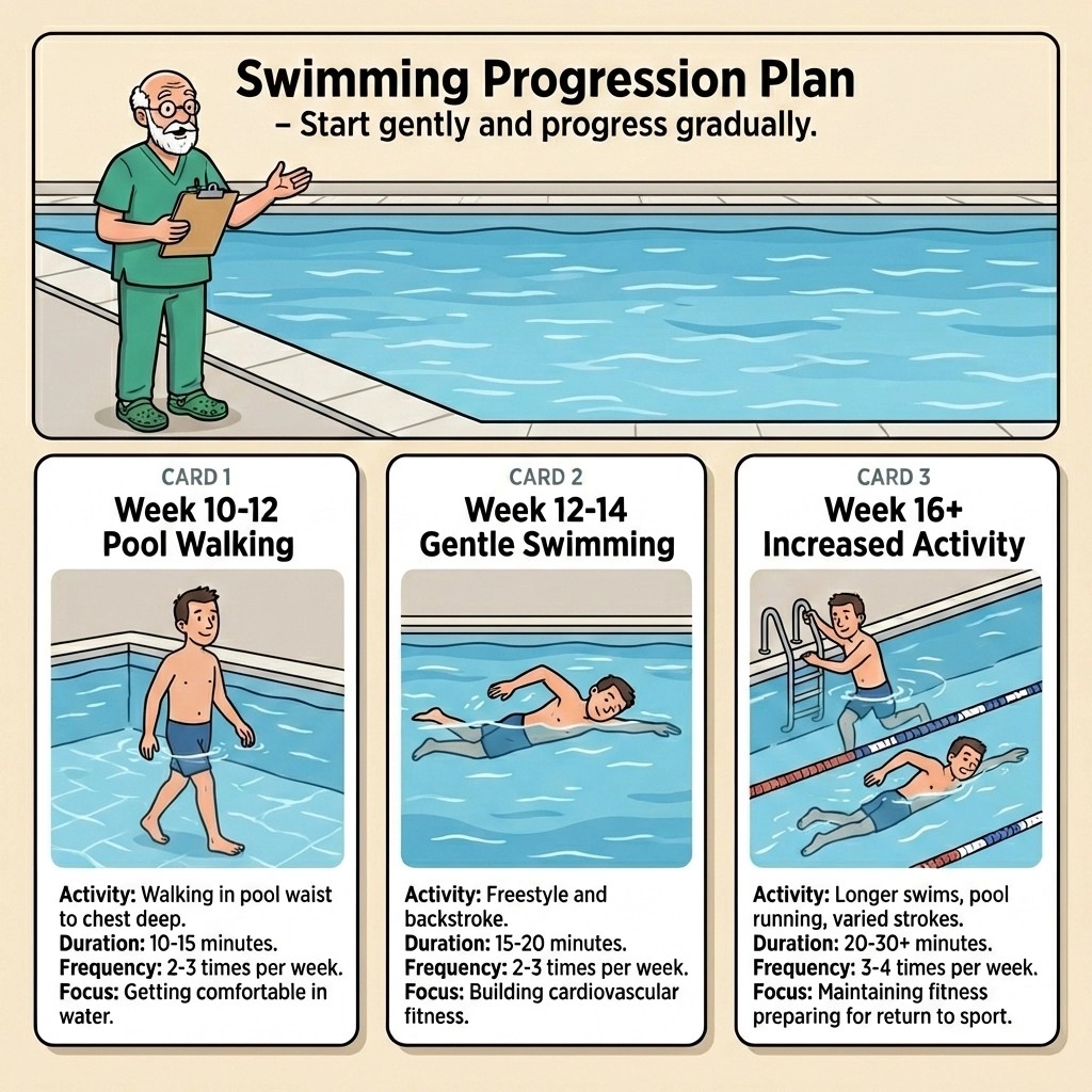 Swimming progression plan after Achilles rupture, showing pool walking at weeks 10-12, gentle swimming at weeks 12-14, and increased activity from week 16 onward.