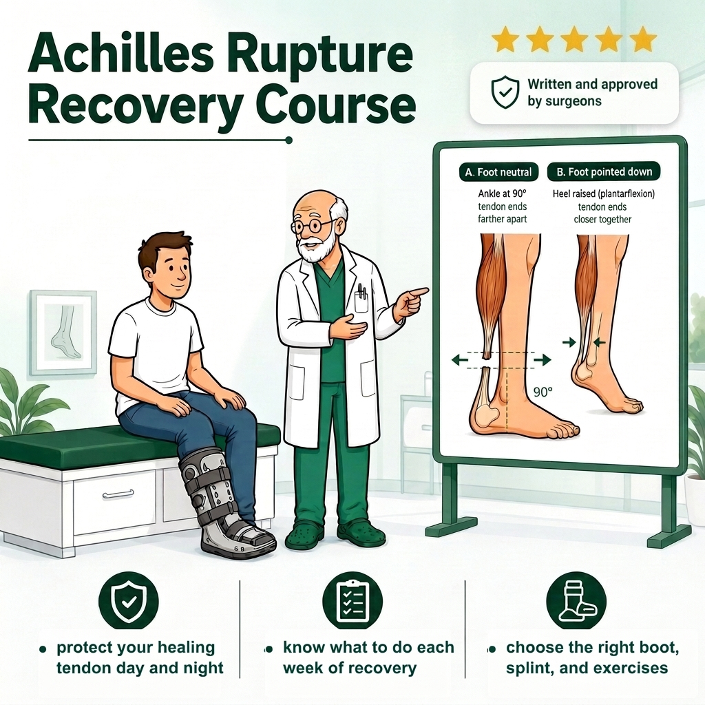 Achilles rupture recovery course illustration with a clinician explaining foot position