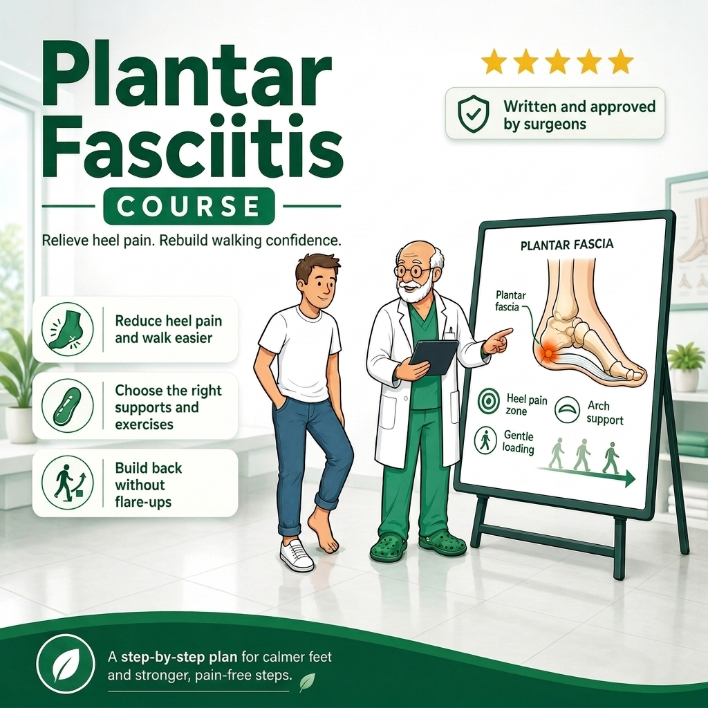 Plantar fasciitis course illustration with a clinician explaining foot support and exercises