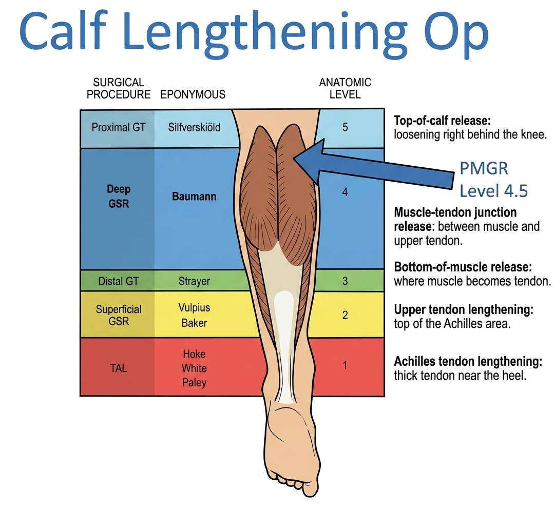 Progression levels for calf lengthening and loading exercises.