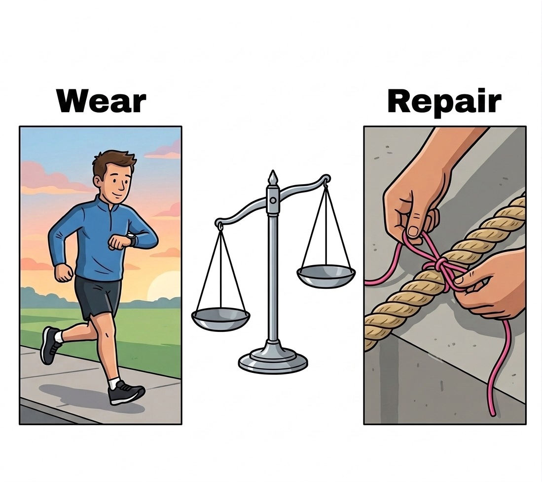Balance scale analogy showing normal activity load and tissue repair in equilibrium.