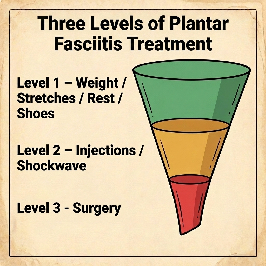 Three levels of treatment diagram showing foundation work as rest, stretches, weight management, and shoes.